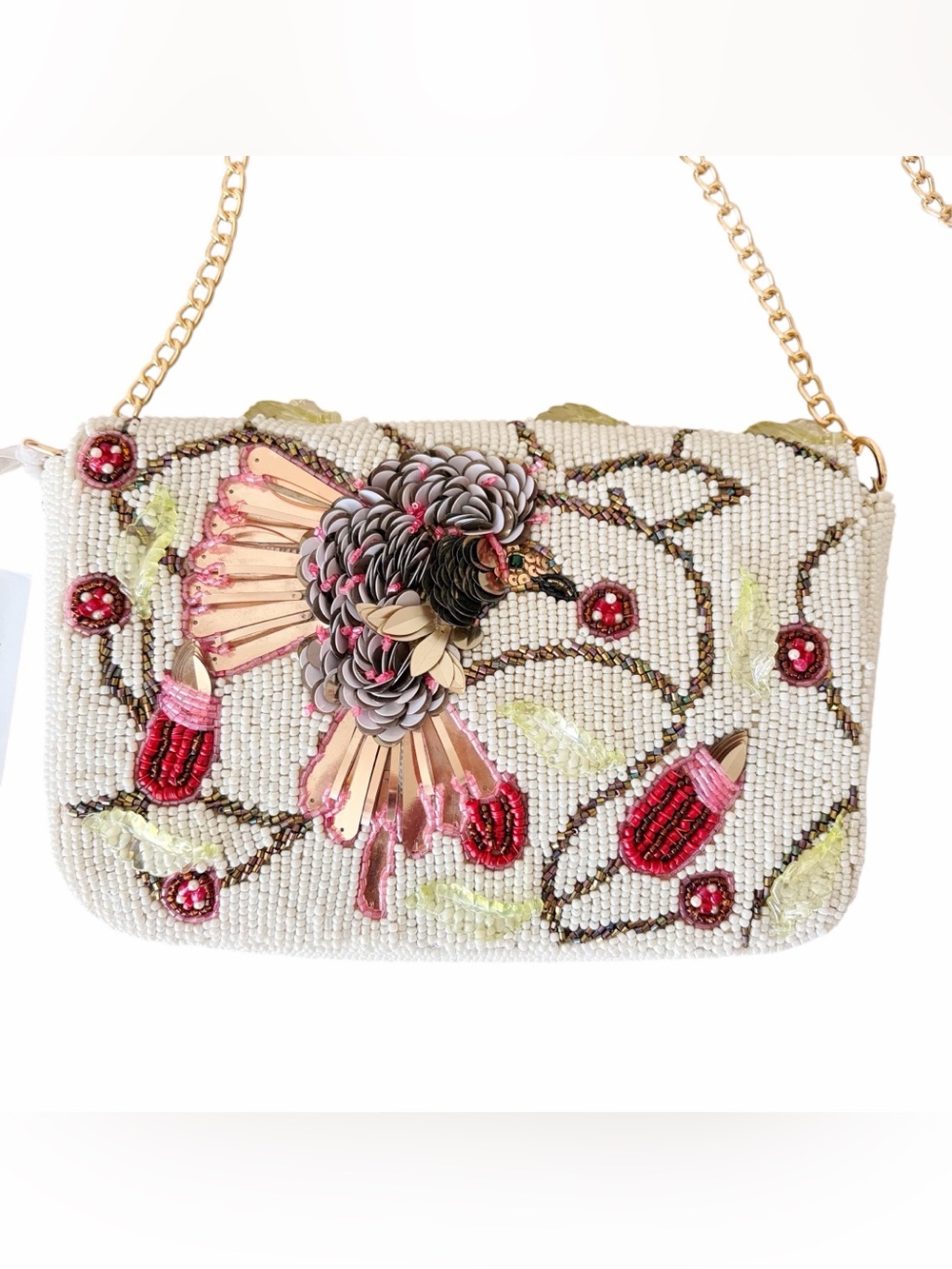Hummingbird Handcrafted India Beaded Crossbody Bag Shite Red Green
